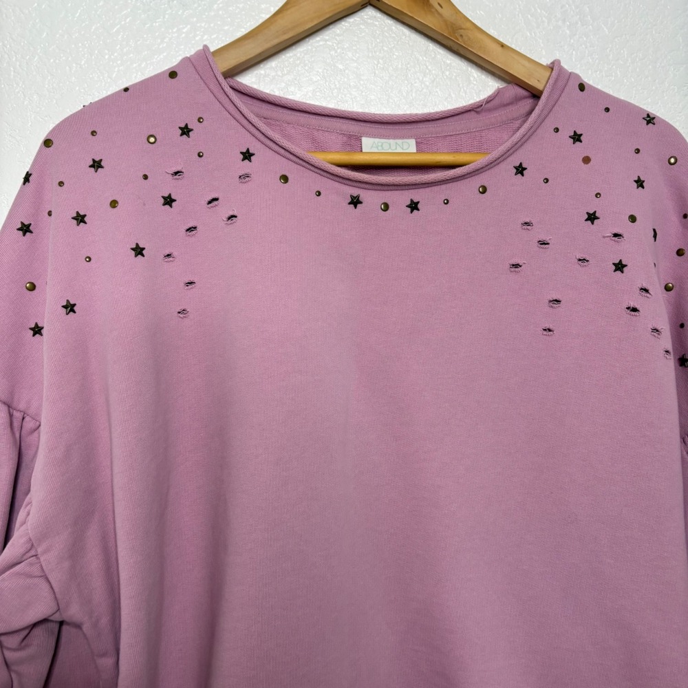 Abound Womens Purple Star Studded Puff Sleeve Distressed Cotton Sweatshirt M - Picture 3 of 7
